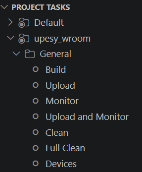 Panneau PROJECT TASKS déplié : Build, Upload, Monitor, Upload and Monitor, Clean, Full Clean, Devices